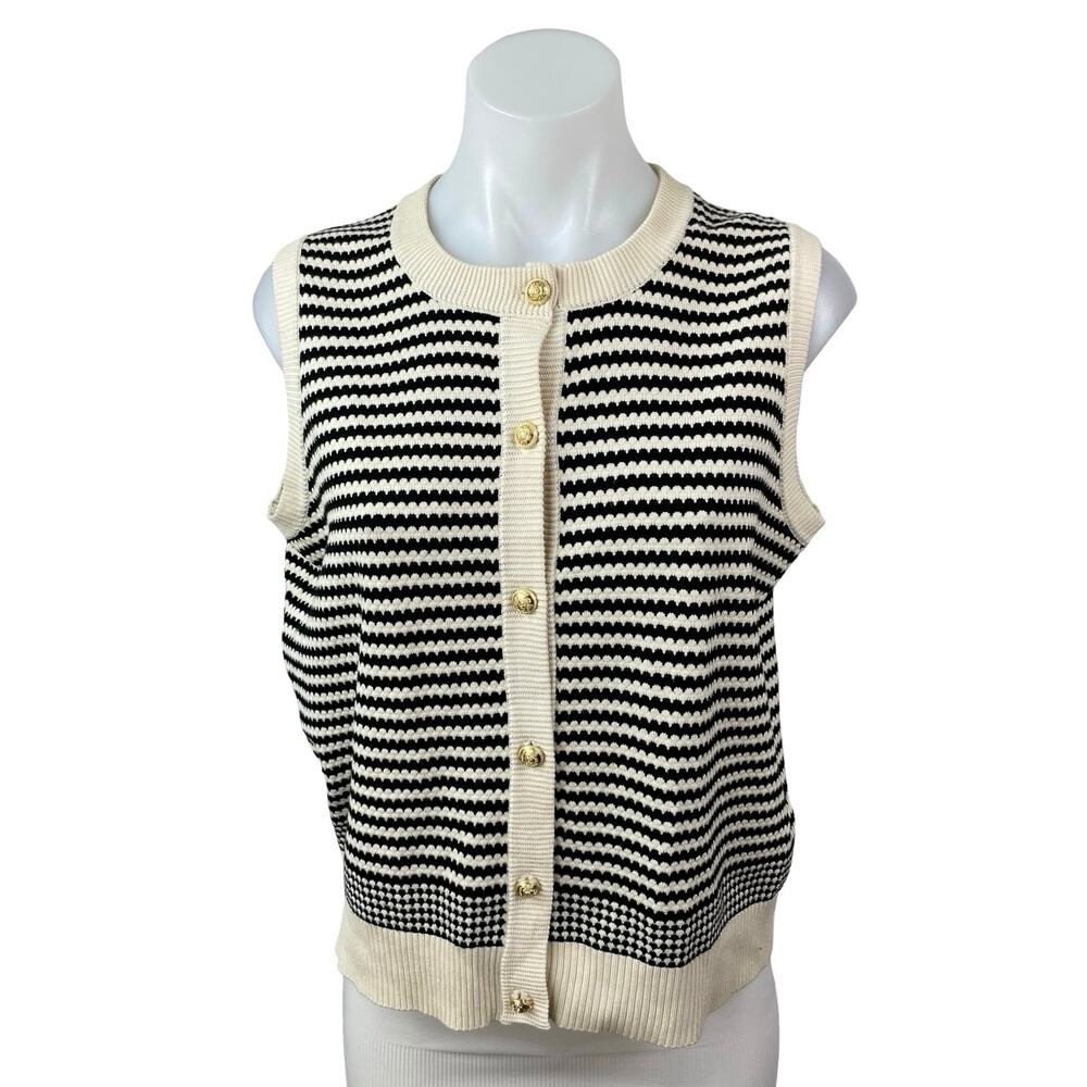 Adrianna Papell Cream Black Striped Knit Sleeveless Button Up Cardigan Sweater M